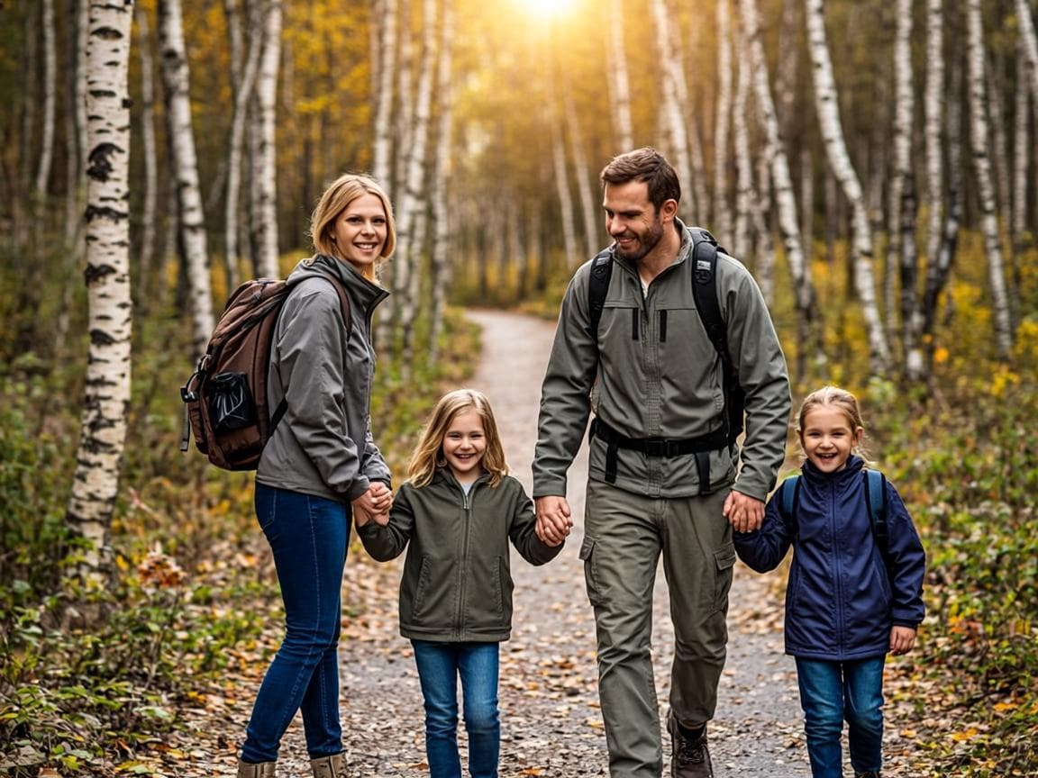 Familie med to barn på gåtur i lys løvskog