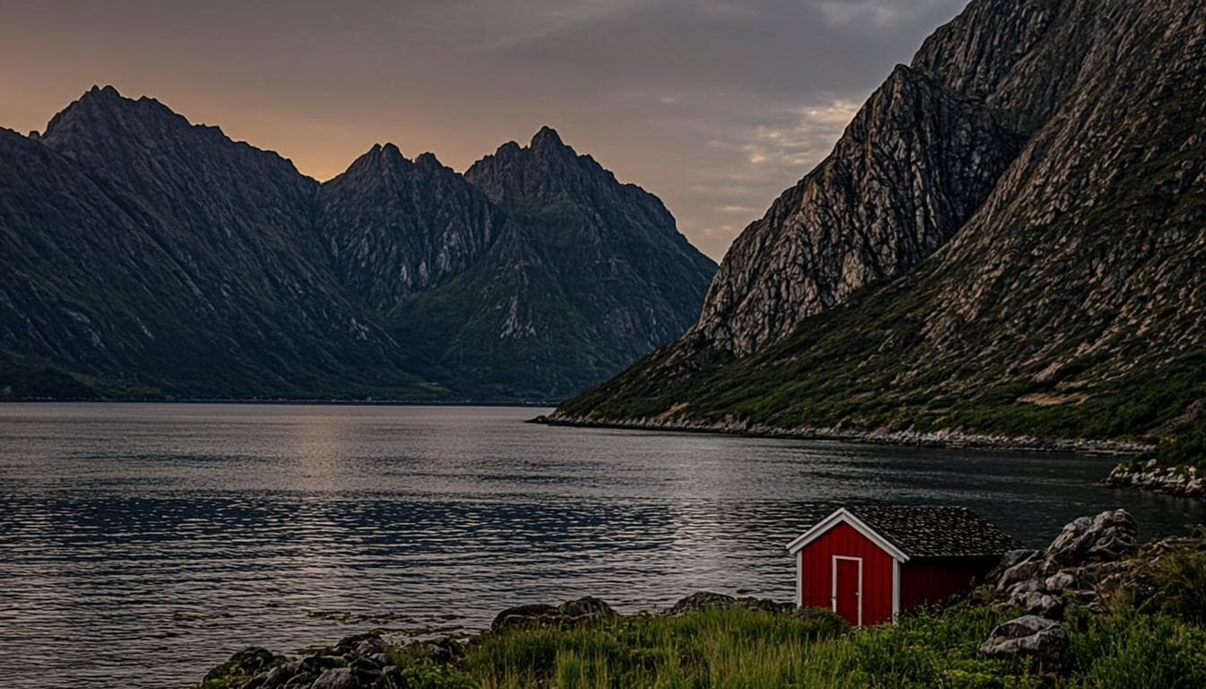 Norsk fjordlandsskap med rød hytte i kveldslys
