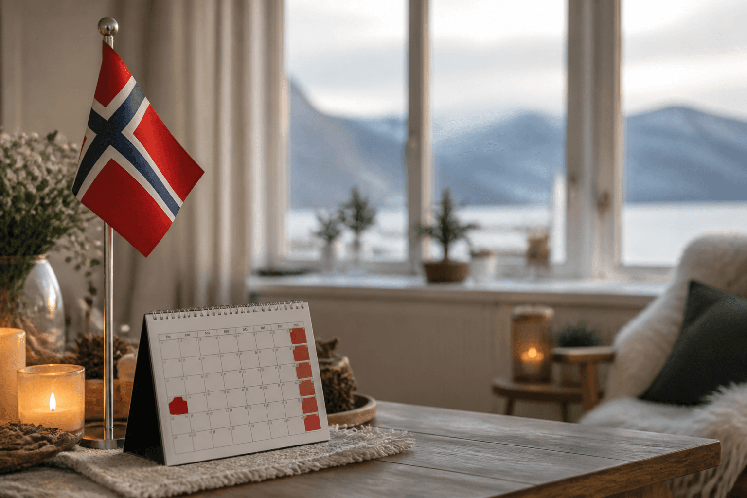 Norsk flagg og kalender med røde fridager i koselig hjem