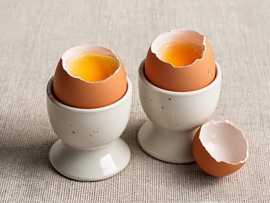 Bløtkokte egg i små keramiske eggskåler på lyst frokostbord