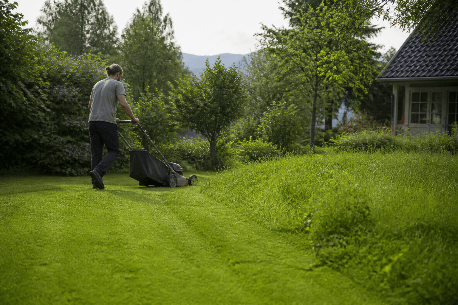 Grønn plen klippes på en sommermorgen i hagen