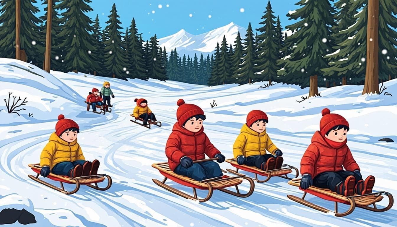 Barn med kjelke og hjelm i akebakken om vinteren i snøkledd norsk skog