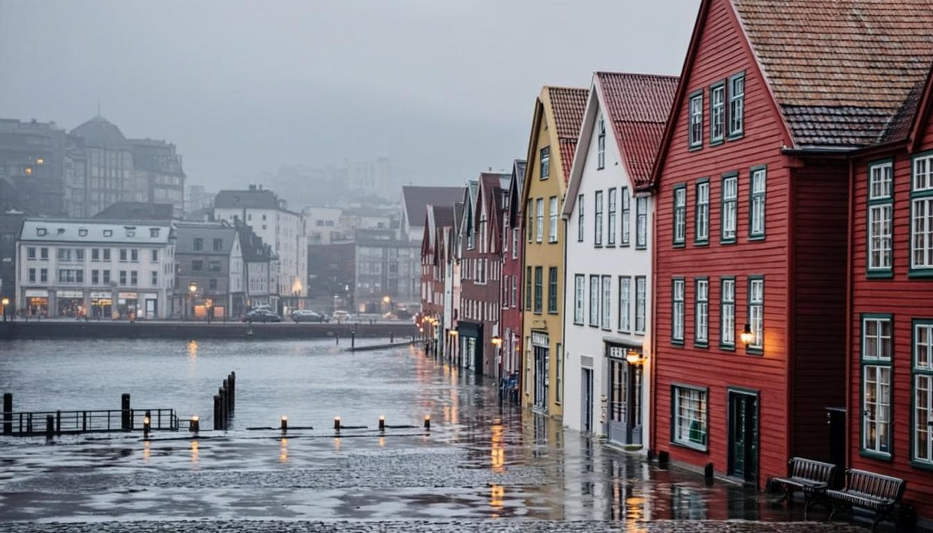 Fargerike bryggehus i Bergen i regnvær