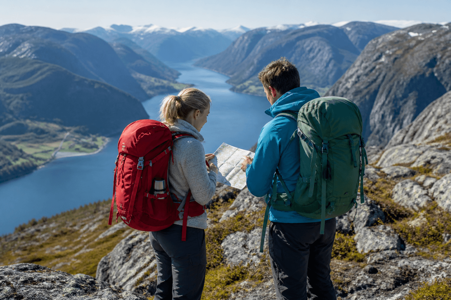 Turgåere på norsk fjellsti med kart og ryggsekk