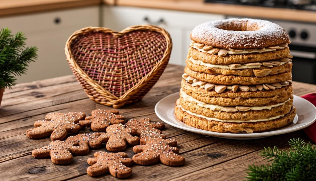 Norsk julebakst med pepperkaker, kransekake og goro pent stablet på fat