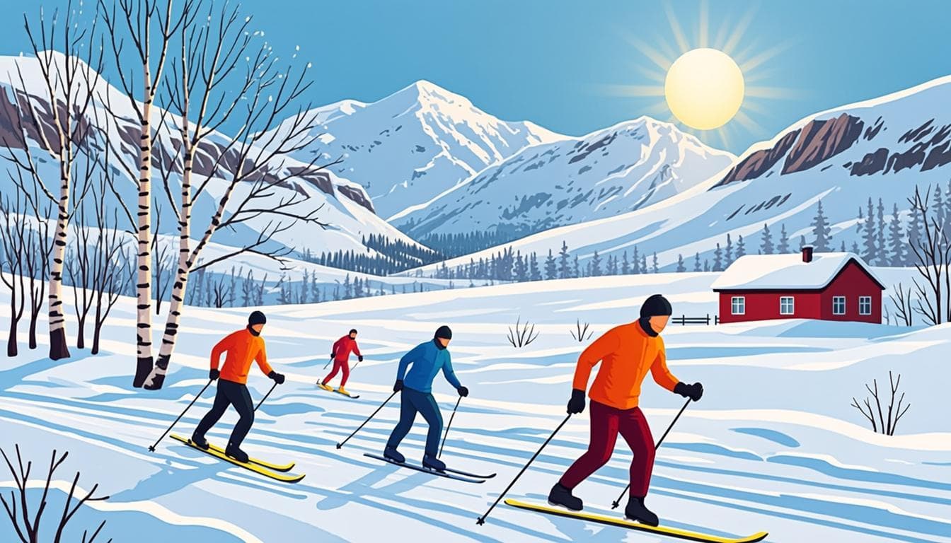Langrennsløyper i solskinn mellom snødekte fjell – påskeski i Norge