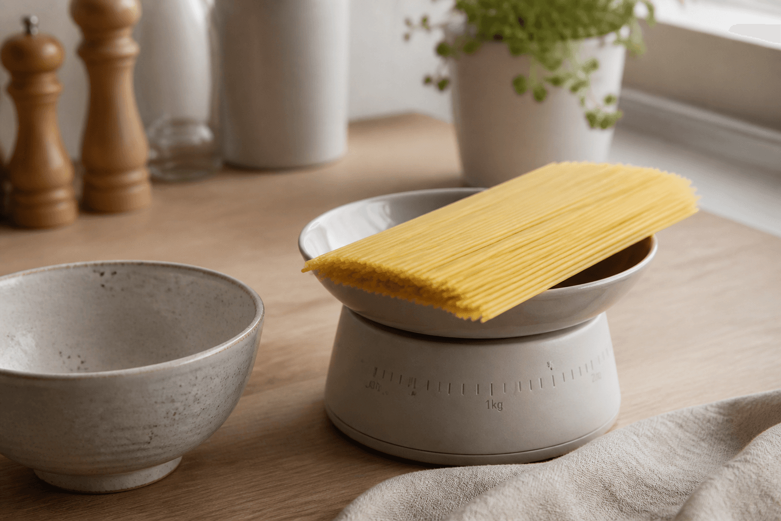 Tørr pasta veies på kjøkkenvekt ved siden av en skål