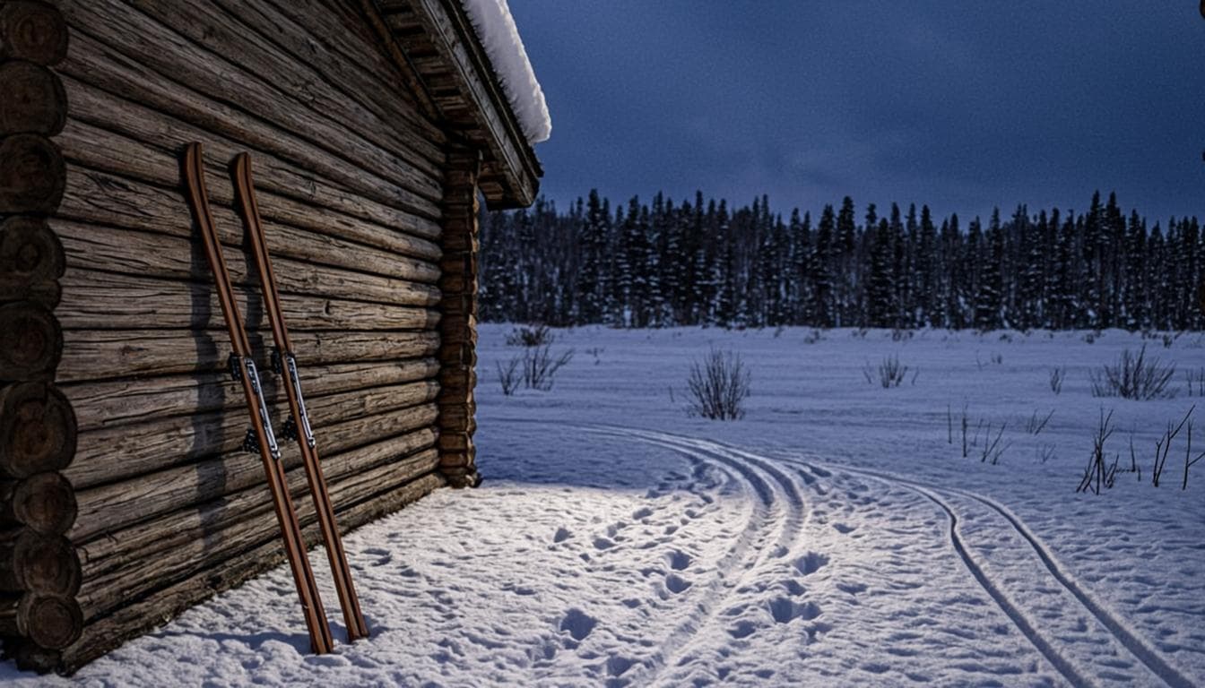 Barn på langrennsski i vinterskog i dagslys