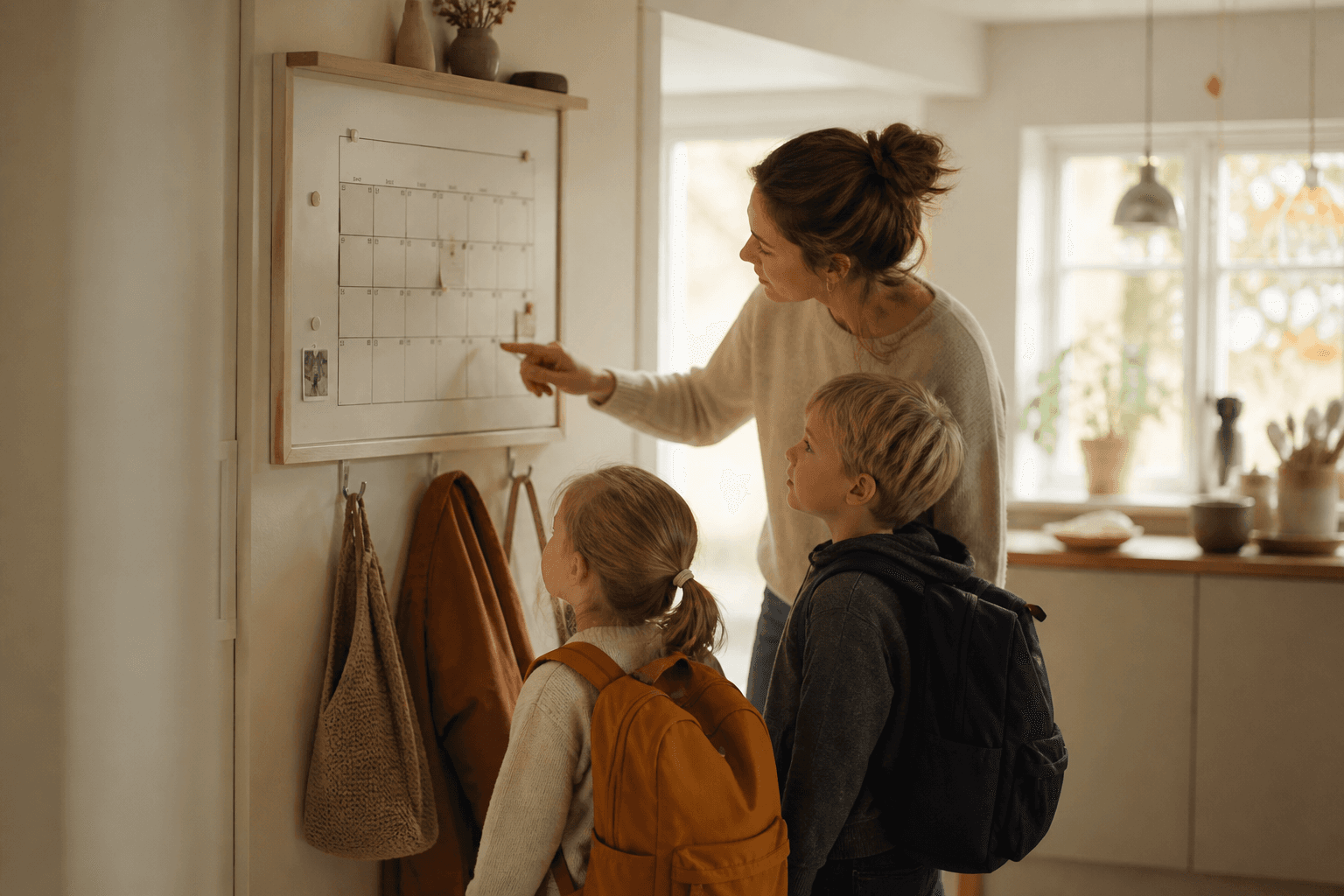 Skolekalender og barneryggsekker klare i et norsk hjem